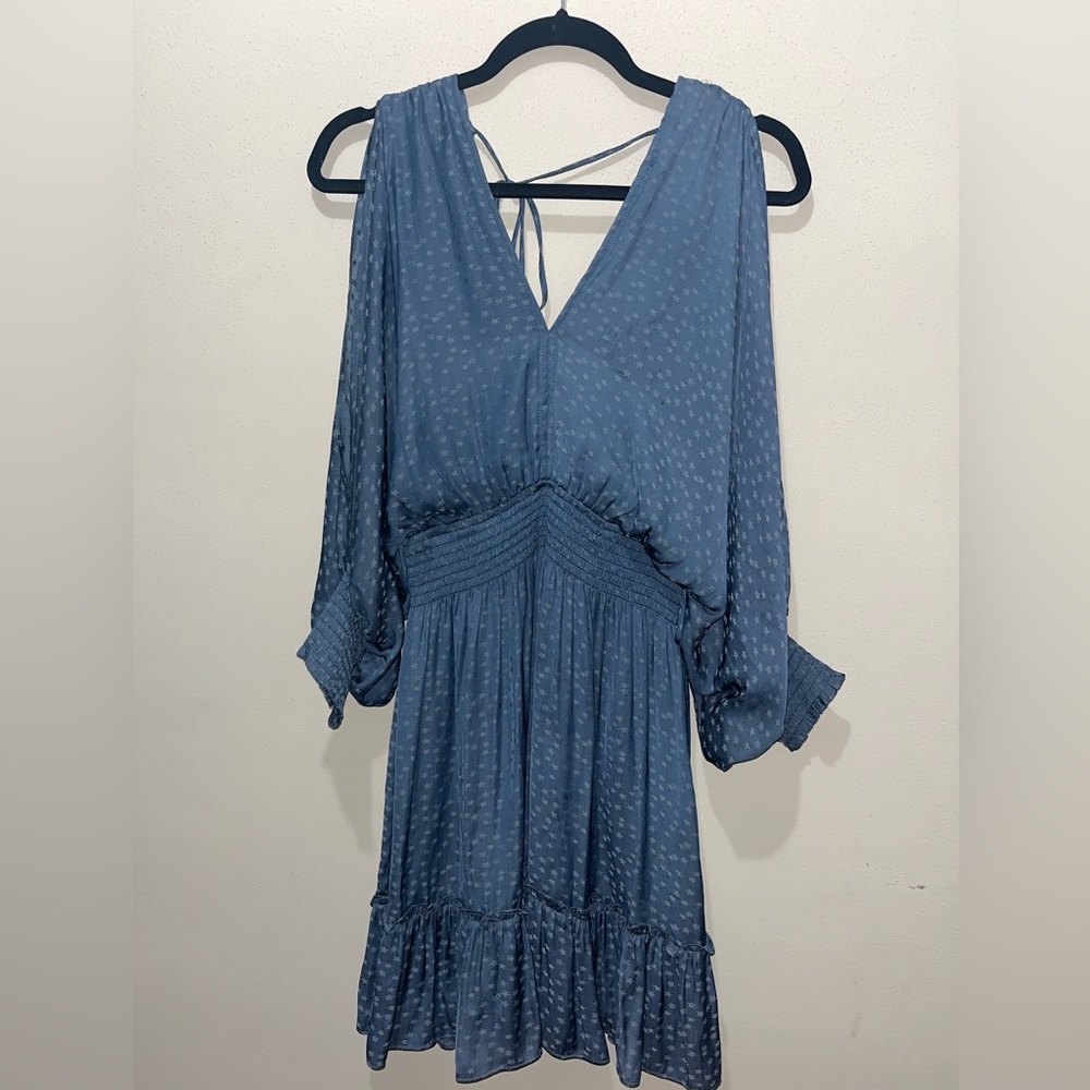Love Stitch Blue Star Print Split Sleeve Ruffled Mini Dress - Size S